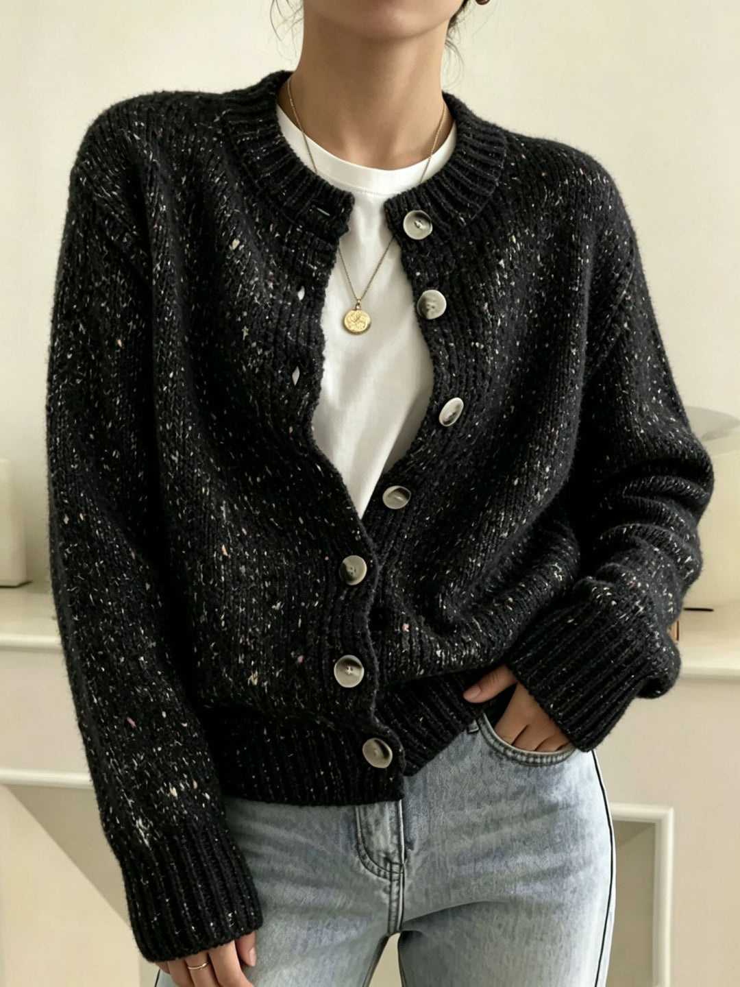 Damen Grobgestrickter Kurzcardigan mit Rundhalsausschnitt und meliertem Tweed-Effekt EB