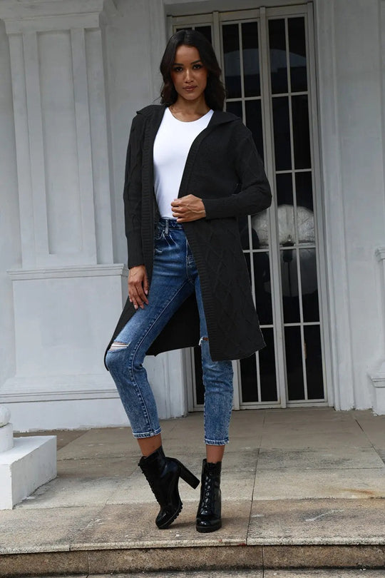 Damen Strickmantel mit Kapuze und dekorativem Zopfdesign EB