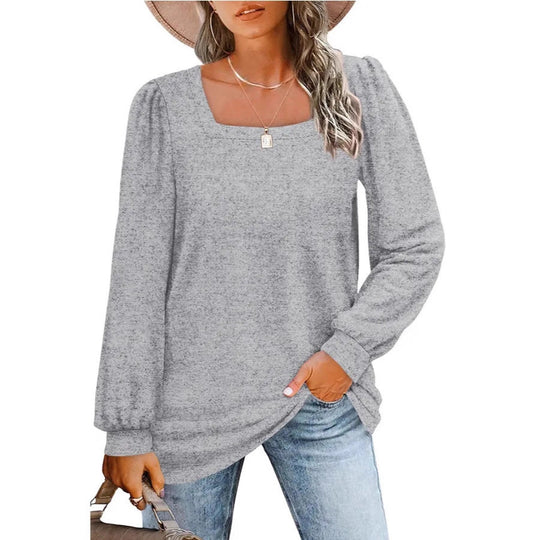 Damen Legerer Feinstrick-Pullover mit quadratischem Ausschnitt, Puffschulter und Bündchen EB