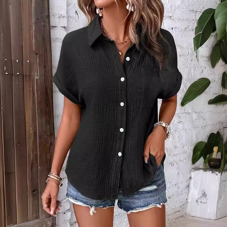 Damen lässige Kurzarm-Hemdbluse aus strukturiertem Stoff EB