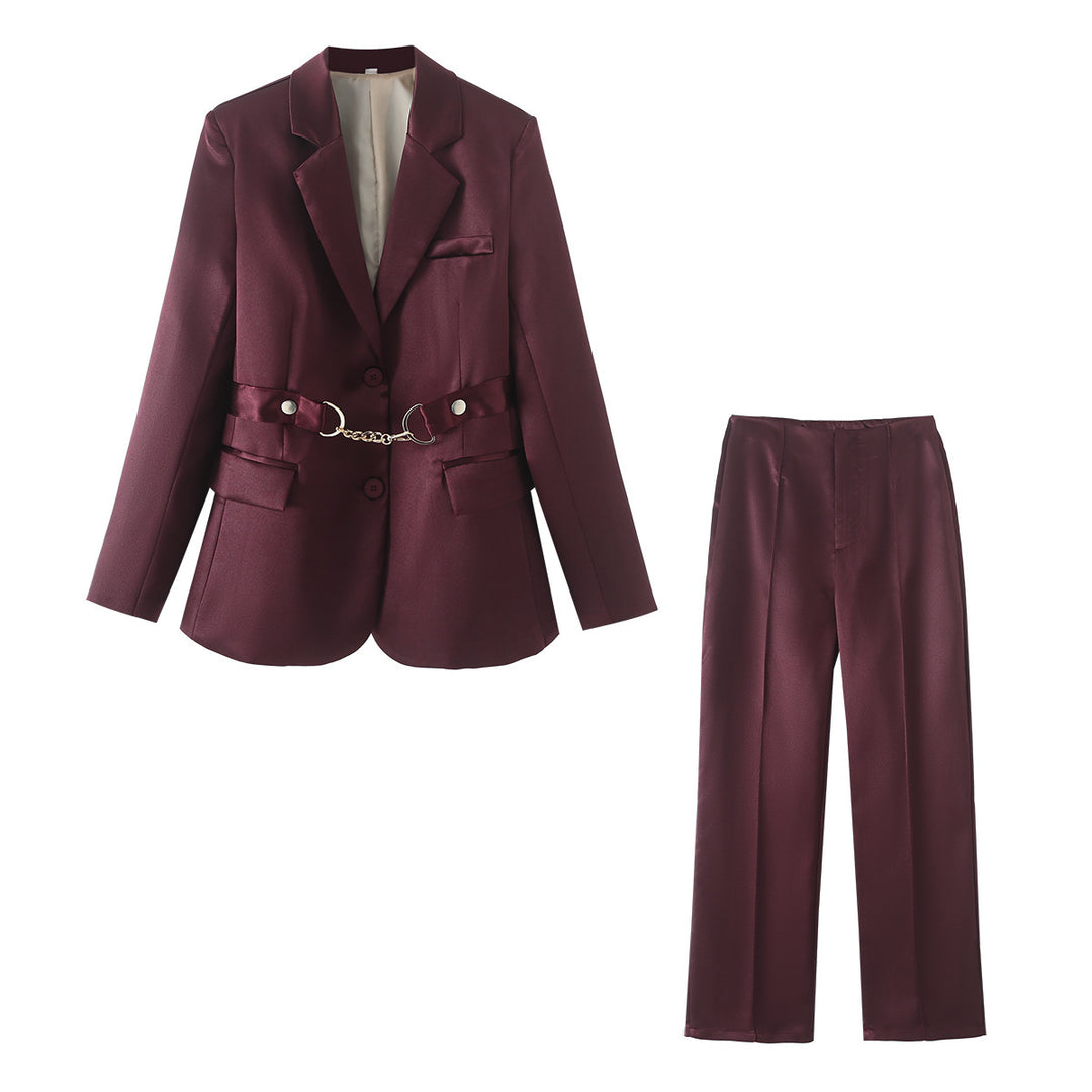 Damen elegantes Satin-Blazer-Set mit Kettenakzent EB