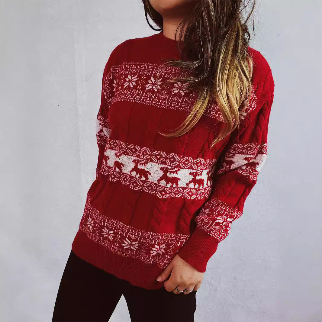 Damen Strickpullover mit festlichem Rentier-Motiv und Zopfmuster EB