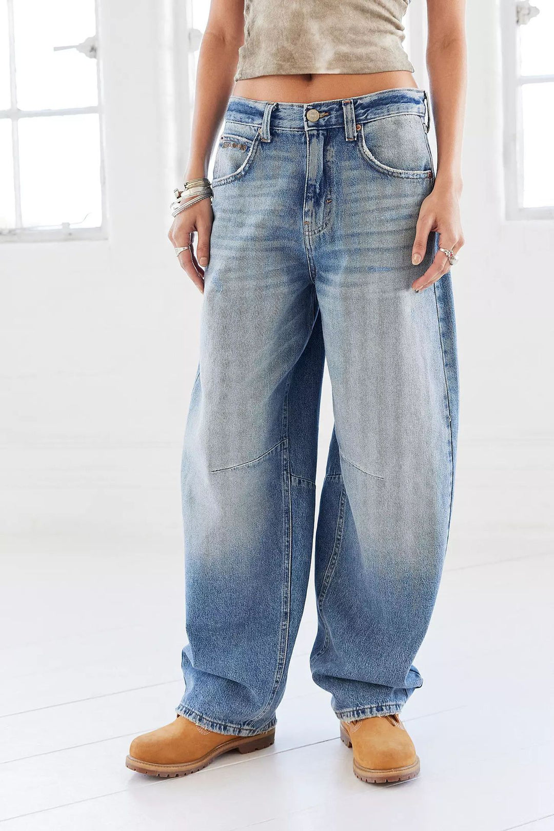 Damen nan weite tiefsitzende Baggy-Jeans mit Knie-Paneelen und entspannter Passform EB