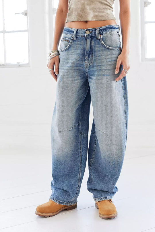 Damen nan weite tiefsitzende Baggy-Jeans mit Knie-Paneelen und entspannter Passform EB