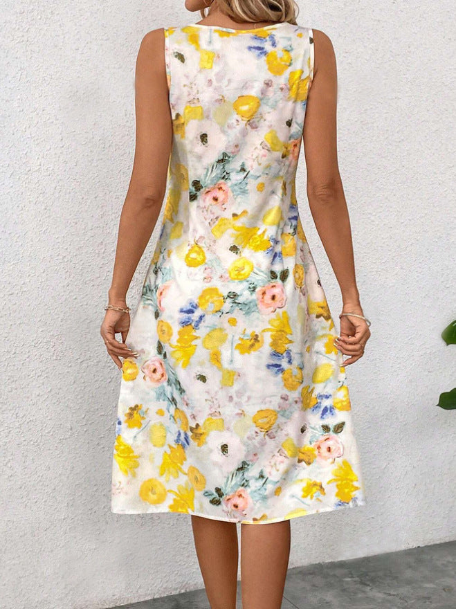 Damen Blumiges Sommerkleid mit fließendem Schnitt und ärmellosem Design EB