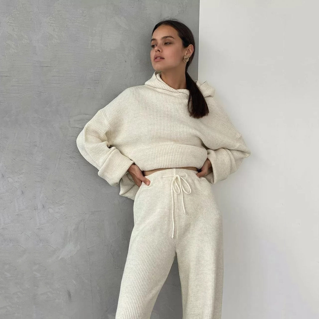 Damen gemütliches Lounge-Set mit Kapuzenpullover, Kängurutasche und weitem Jersey-Hose EB