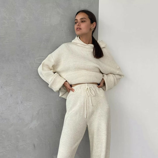 Damen gemütliches Lounge-Set mit Kapuzenpullover, Kängurutasche und weitem Jersey-Hose EB