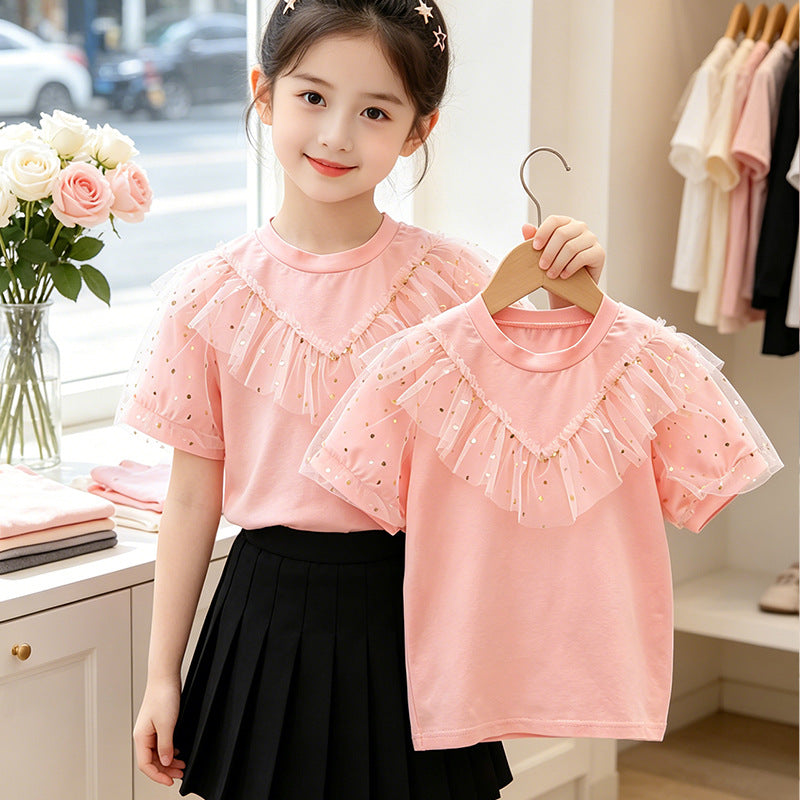 Mädchen T-Shirt mit Rüschendetails und transparenten Puffärmeln EB