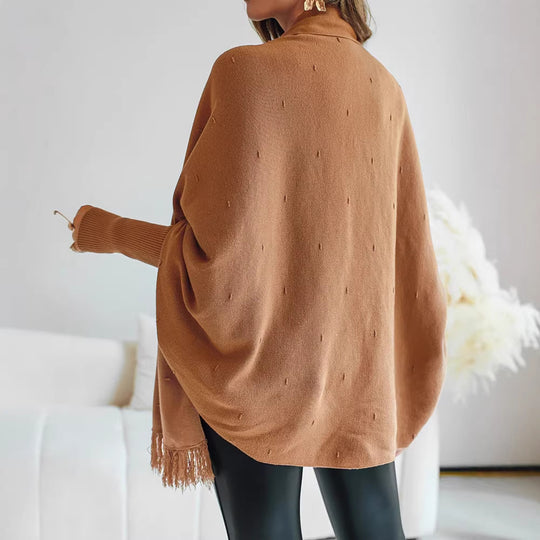 Damen Fransen‑Poncho‑Cardigan mit dekorativem Taillengürtel und Rippbündchen EB