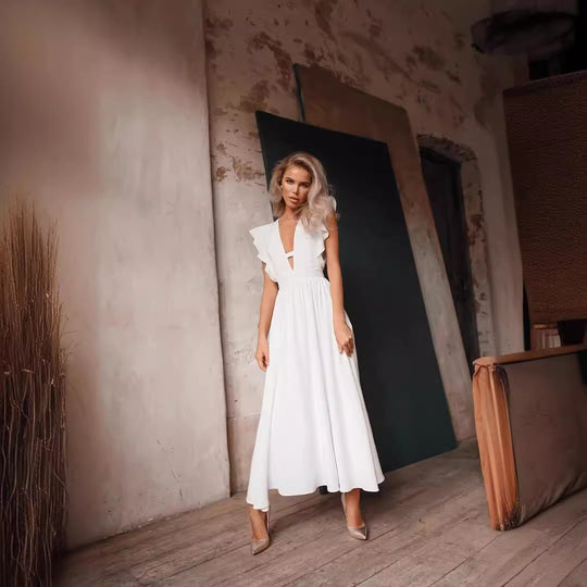Damen Maxikleid mit raffiniertem V-Ausschnitt und voluminösen Rüschenärmeln EB