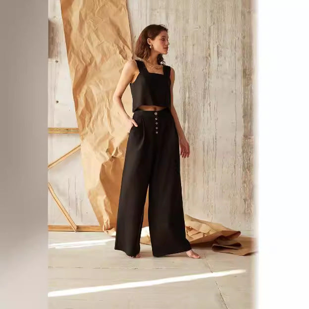 Damen lässiges Leinen-Top mit quadratischem Ausschnitt und weiten Hosen EB