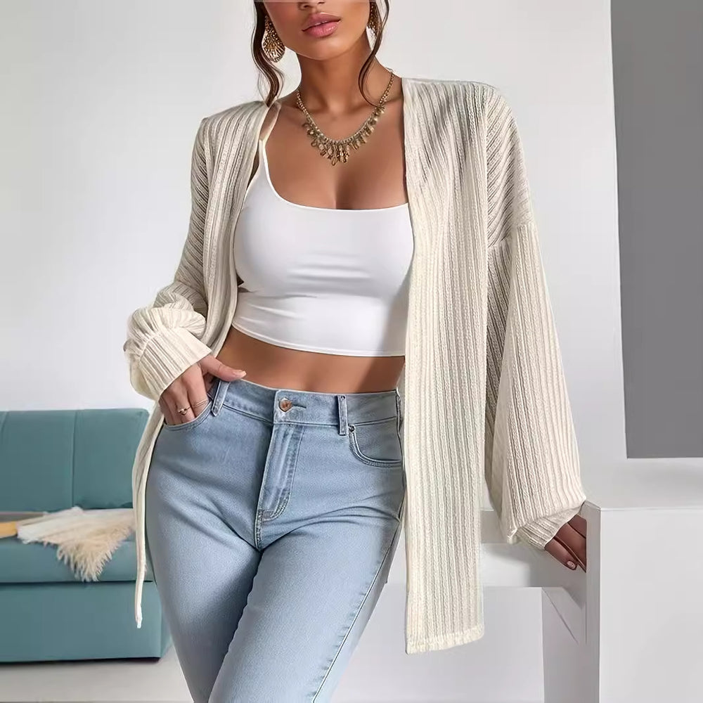 Damen Lässige Strickjacke mit weit geschnittenen Ärmeln und Rippenstruktur EB
