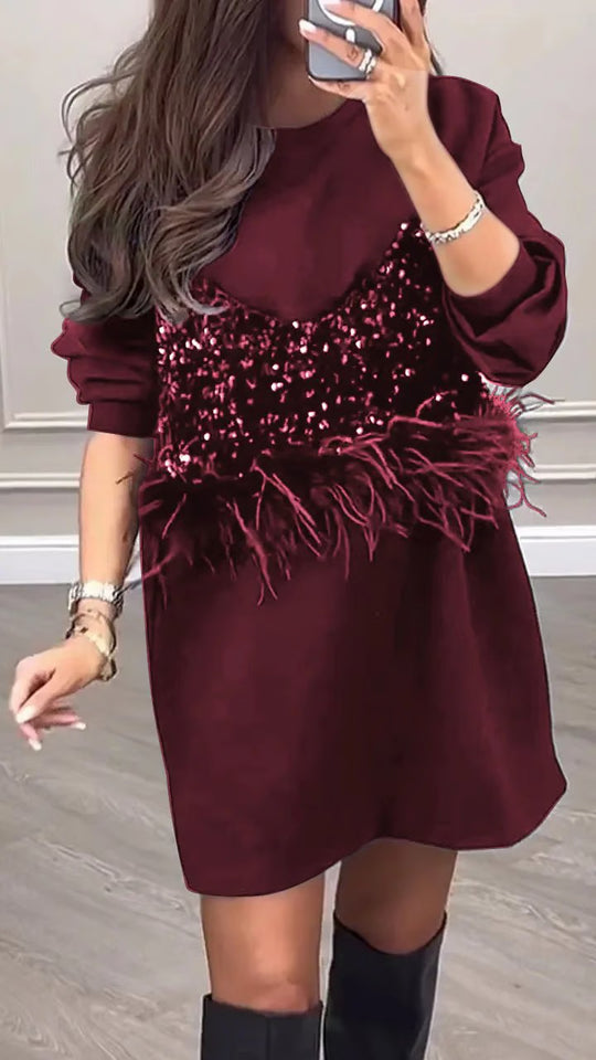 Damen Designer Kleid mit Pailletten- und Federdetails Heidi-Mode