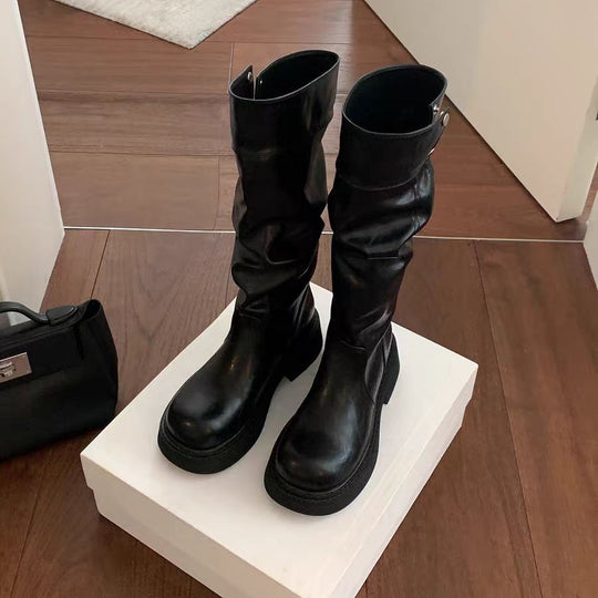 Damen Overknee-Stiefel mit elastischem Falten-Design und robustem Blockabsatz EB