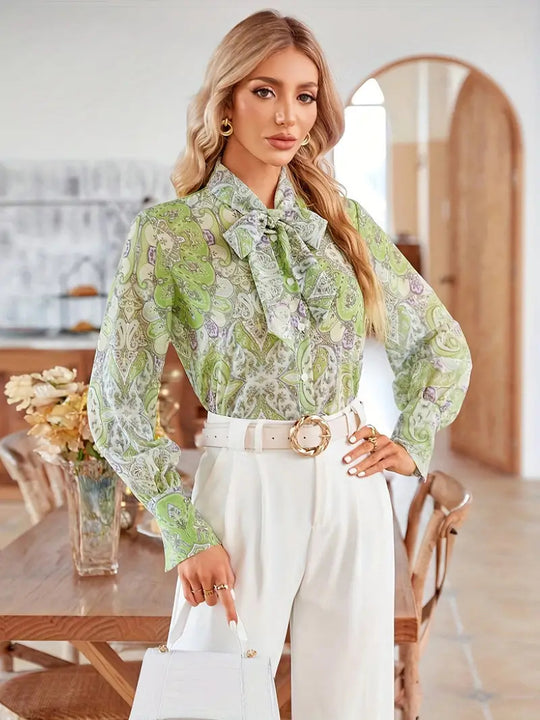 Damen Bluse mit Schleifenkragen und floralem Muster EB
