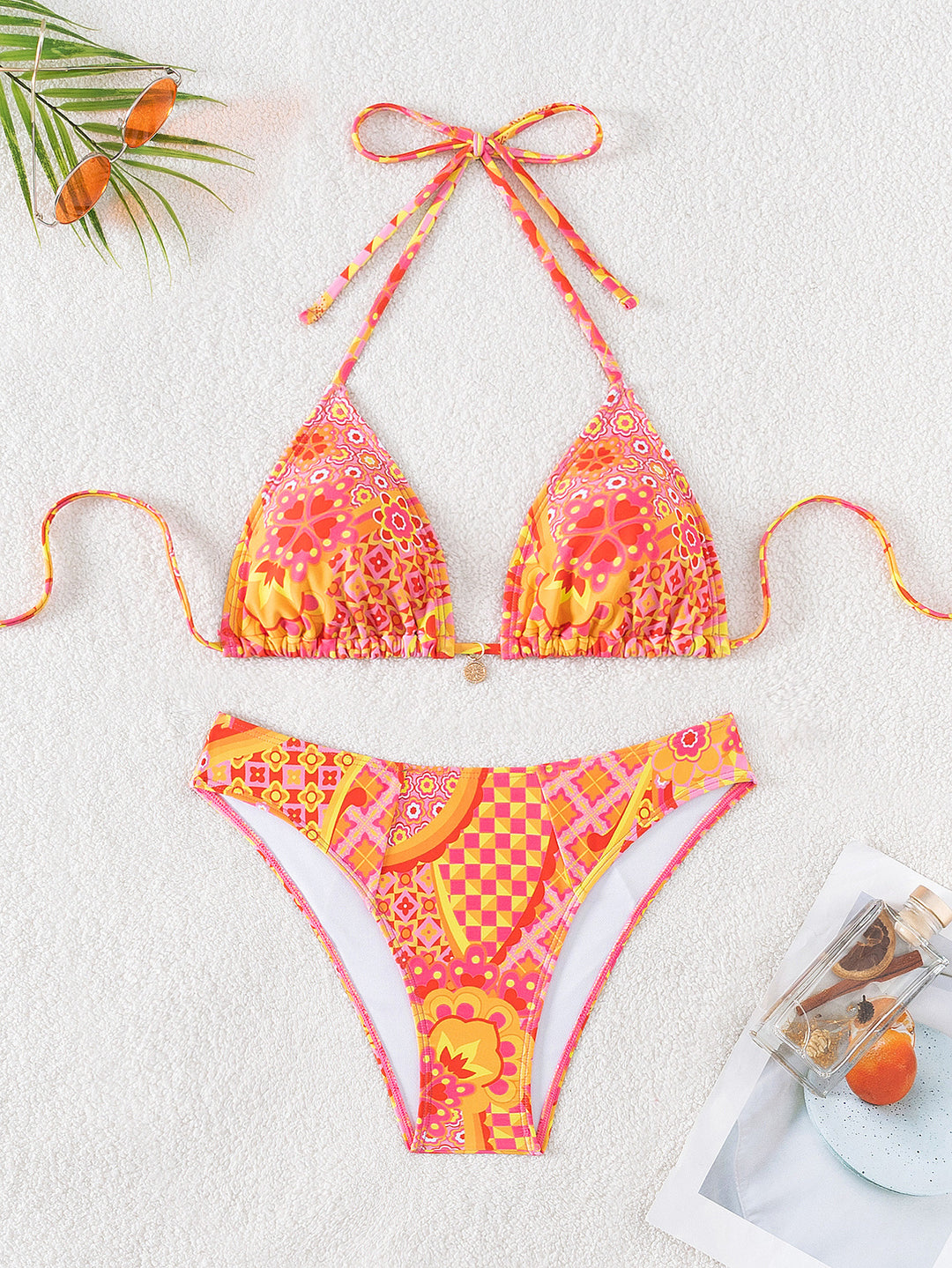 Damen Triangel-Bikini mit einzigartigem Mosaik-Muster und verstellbaren Bindebändern EB