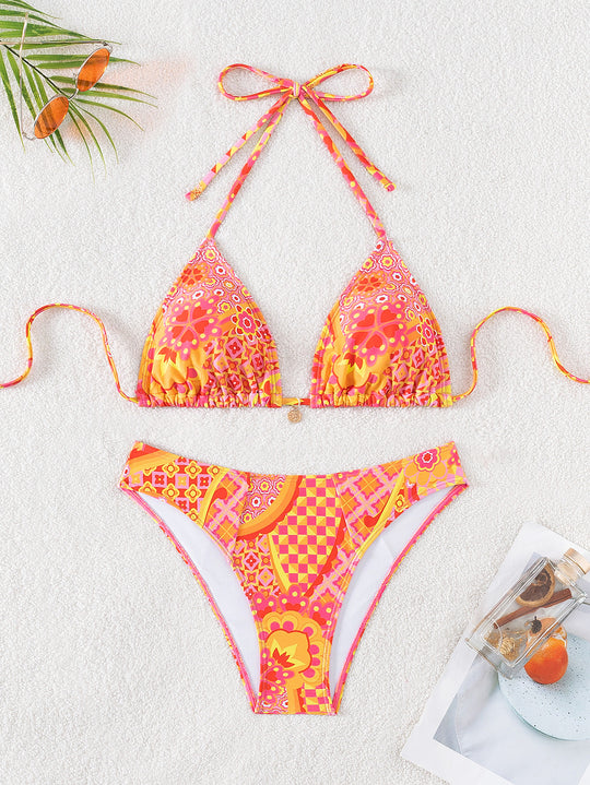 Damen Triangel-Bikini mit einzigartigem Mosaik-Muster und verstellbaren Bindebändern EB