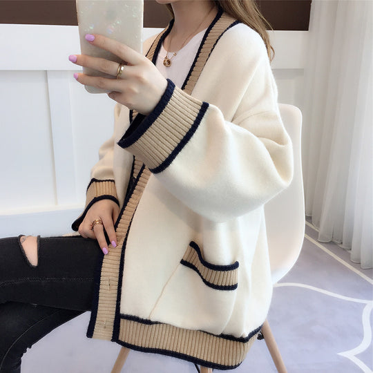 Damen Lässiger Strickcardigan mit attraktiven Kontrastsäumen und praktischen Taschen EB