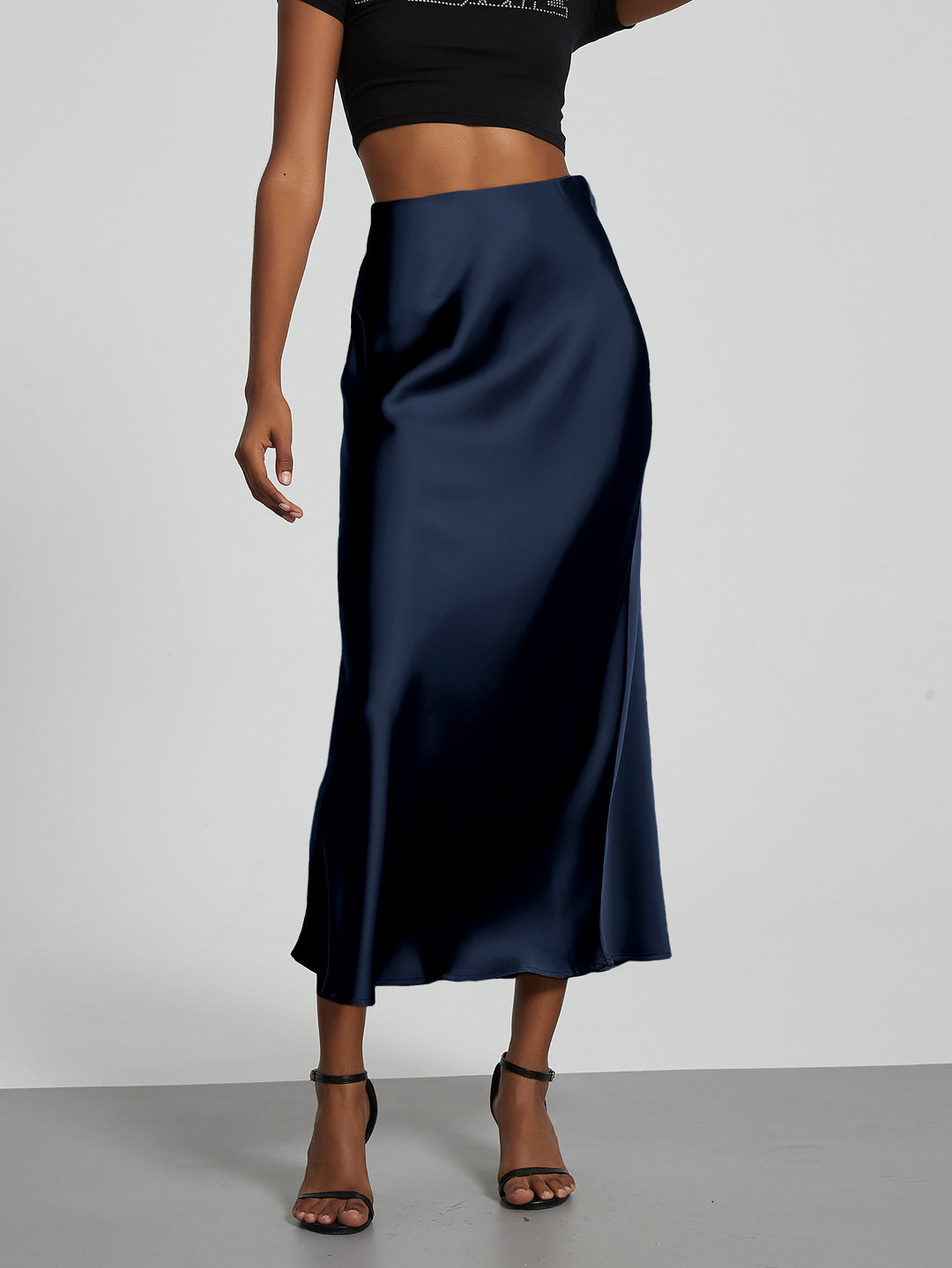 Damen Stilvolle Satin-Stretchrock mit hohem Bund und fließendem Schnitt EB