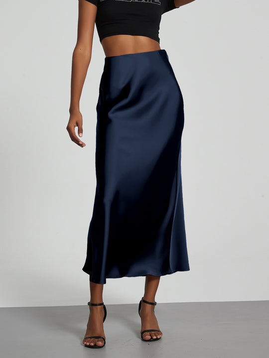 Damen Stilvolle Satin-Stretchrock mit hohem Bund und fließendem Schnitt EB
