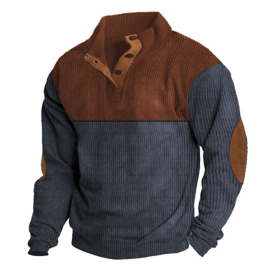 Herren nan grober Rippstrick-Pullover mit Stehkragen, Knopfleiste und markanten Ellenbogenpatches EB
