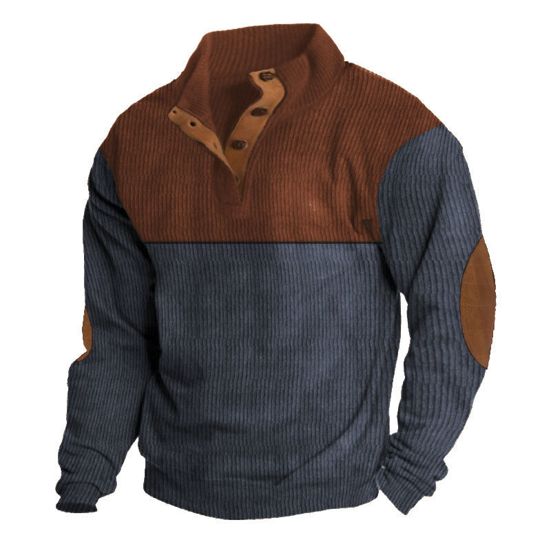 Herren nan rustikaler gerippter Pullover mit Henley-Kragen und lederartigen Ellbogenbesätzen EB