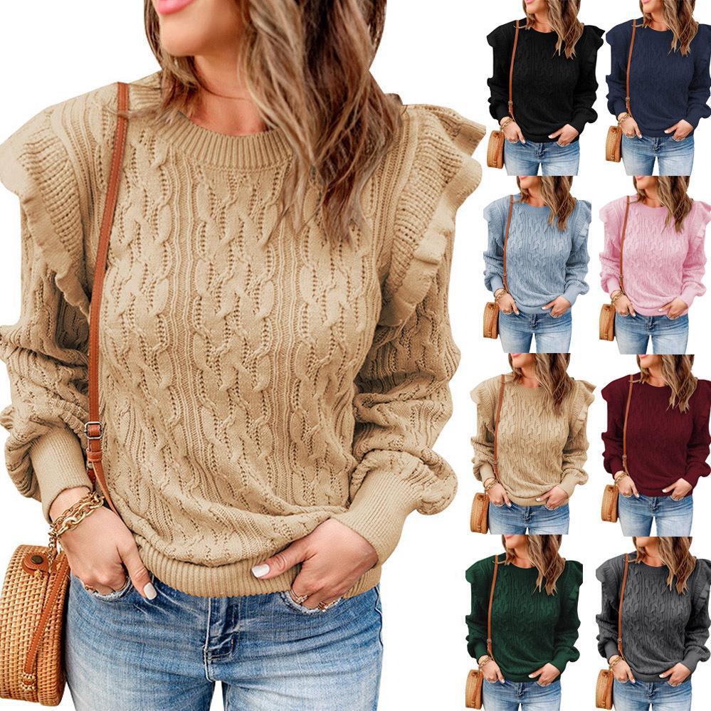 Damen Grobstrickpullover mit Rüschenärmeln und modischem Muster EB