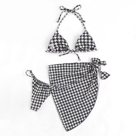 Damen Bikini-Set mit modernem Hahnentrittmuster und schickem Wickelrock EB