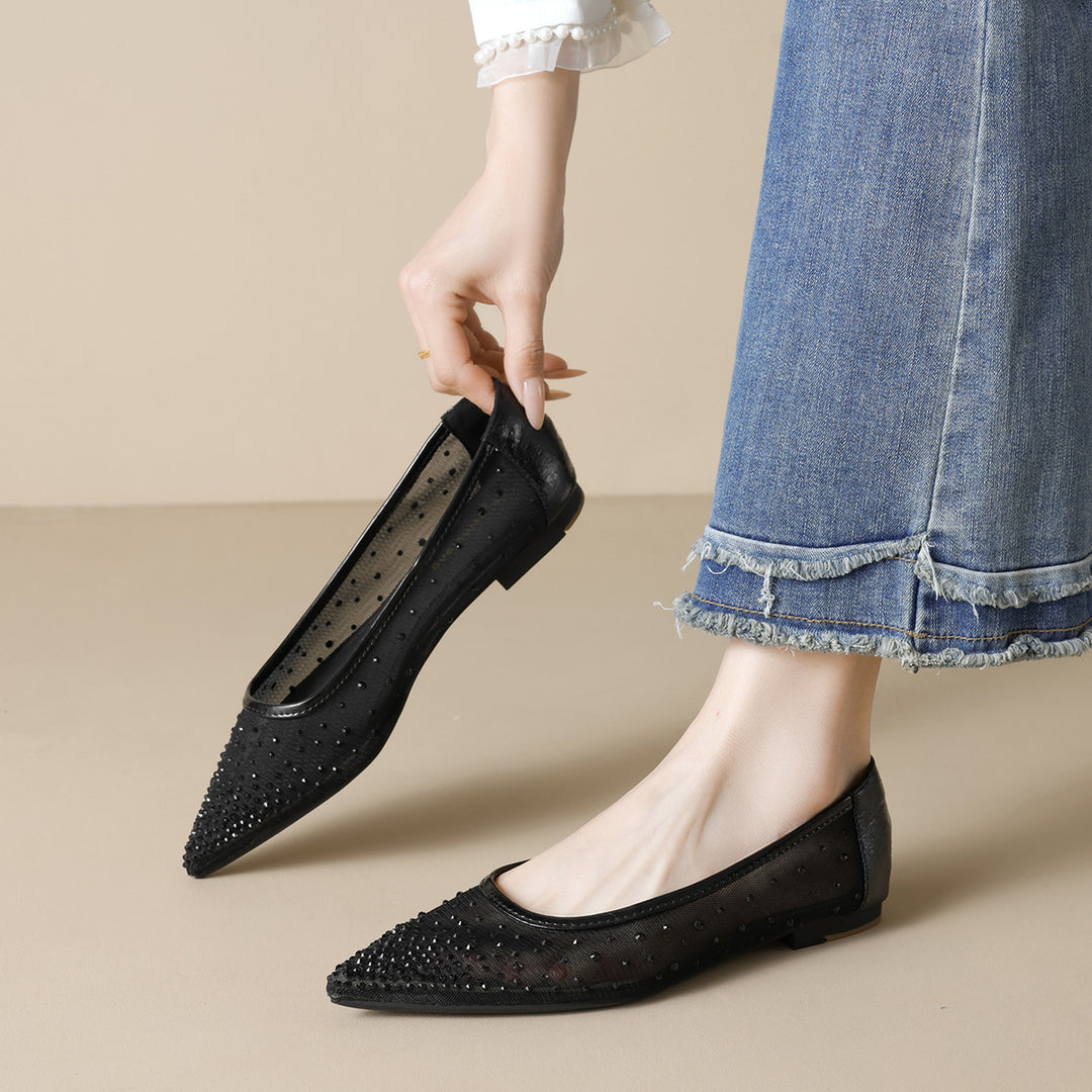 Damen elegante Ballerinas mit schimmernden Strassdetails und transparentem Obermaterial EB