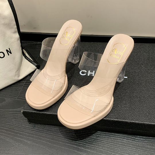 Damen transparente Plateau-Sandalen mit glänzendem Blockabsatz EB