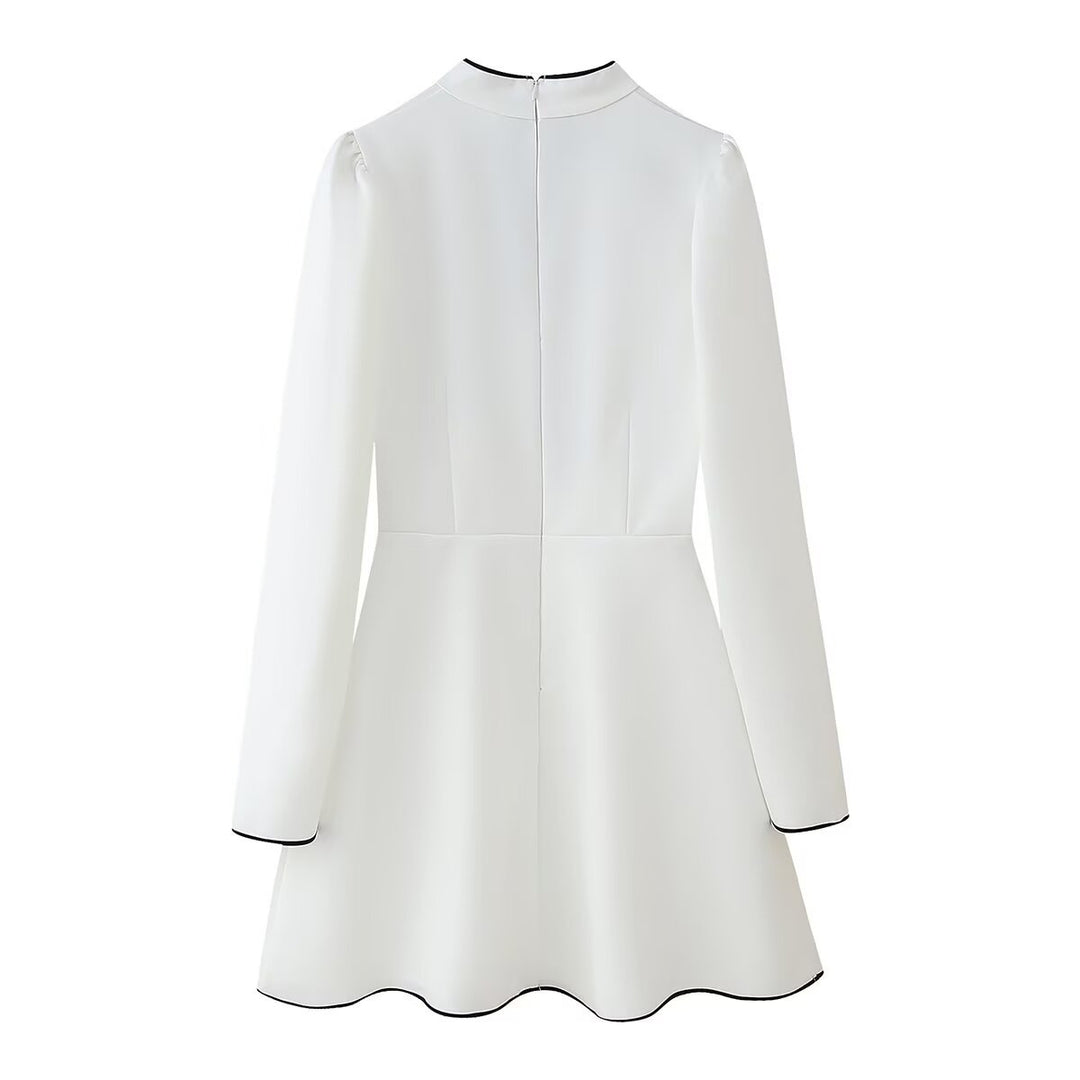 Damen elegantes Hemdkleid mit Rüschenkragen und Bindeakzent EB