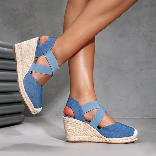 Damen Wedge-Sandalen mit elastischen Kreuzriemen und Bast-Optik EB