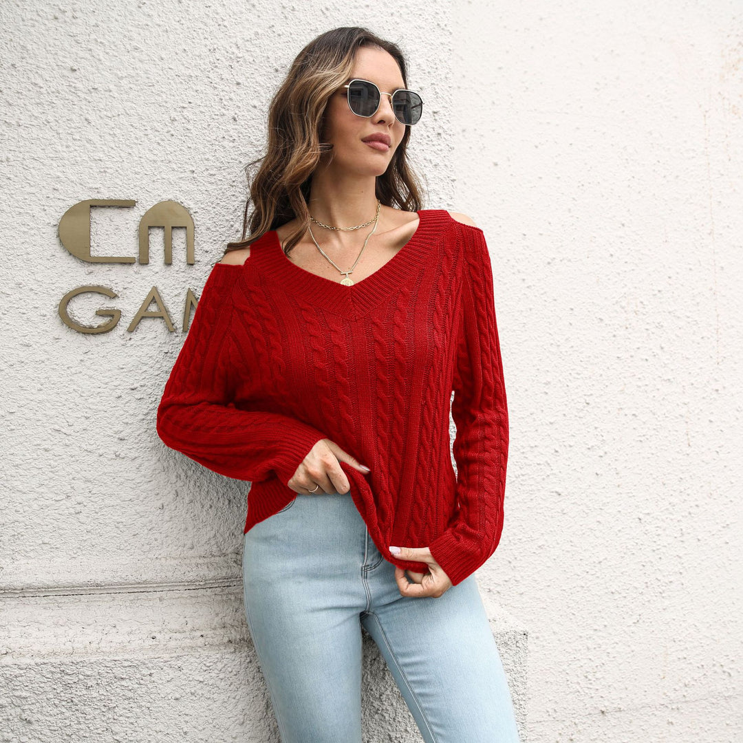 Damen Strickpullover mit lässigem V-Ausschnitt und offenen Schultern EB