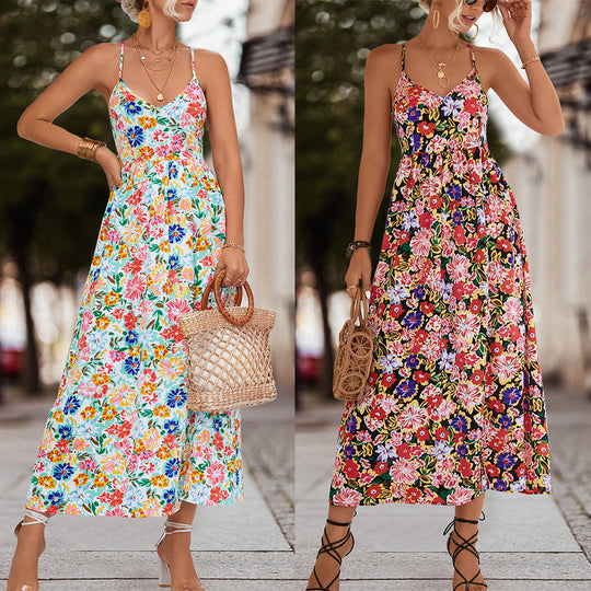Damen Maxikleid mit floralem Design und verstellbaren Spaghetti-Trägern EB