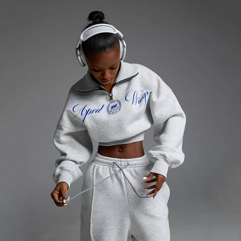 Damen Cropped Halbzip-Sweatshirt mit weitem High‑Waist Loungehose Set EB