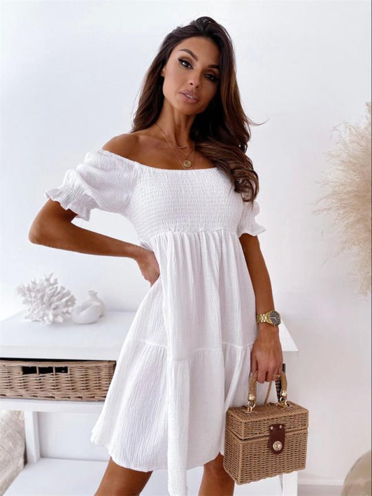 Damen luftiges Sommerkleid mit Off-Shoulder und Rüschendetails EB