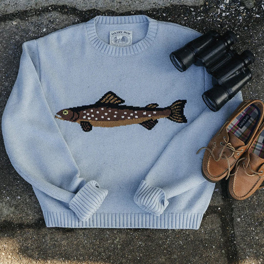 Damen Oversize Strickpullover mit Fisch-Jacquard, Halbkragen und Rippenbündchen EB