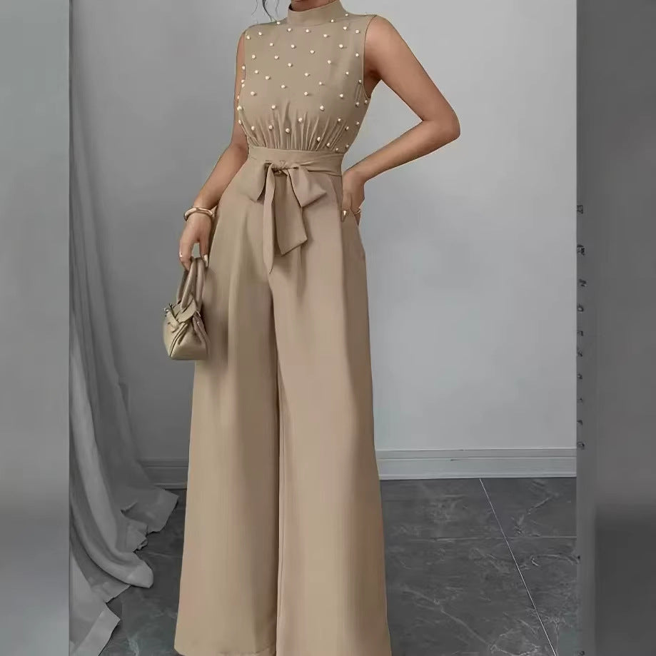 Damen Eleganter Jumpsuit mit Perlenbesatz, Stehkragen und weitem Palazzo-Bein EB