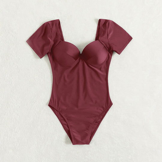 Damen Einteiler Badeanzug mit eleganten Kurzärmel und tiefem V-Ausschnitt EB