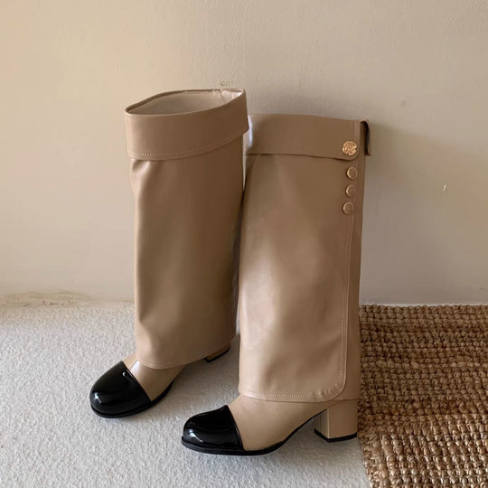 Damen Elegante Stiefel mit dekorativem Knopfdetail und Blockabsatz EB