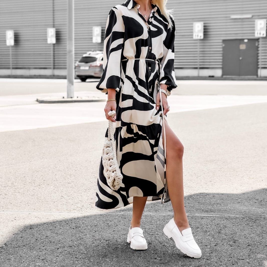 Damen Hemdblusenkleid mit modischem Wellenmuster und Taillengürtel EB