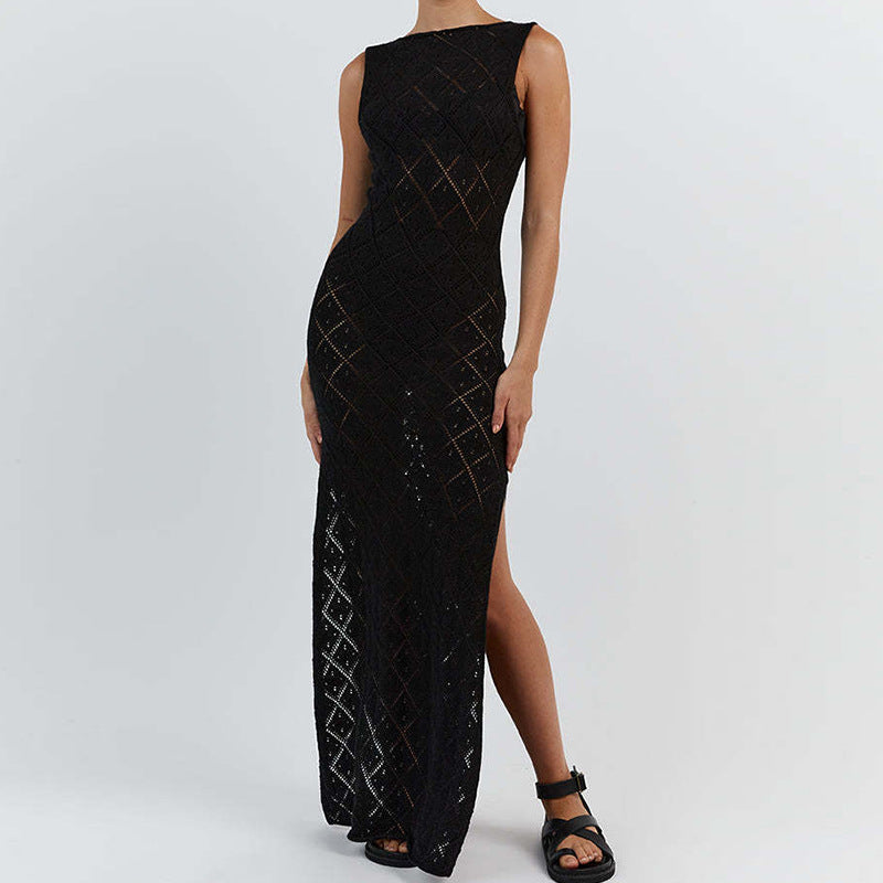 Damen Häkelkleid mit kreativem Rautenmuster und ärmellosem Schnitt EB