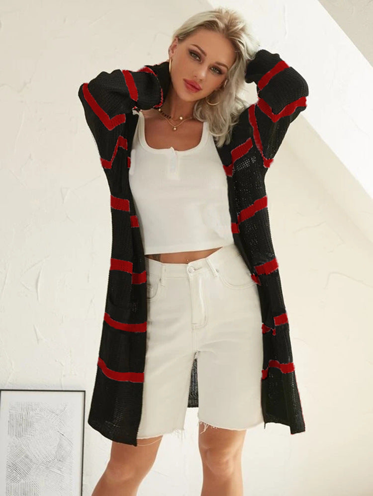 Damen Strickmantel im modischen Lagenlook mit gestreiftem Design EB