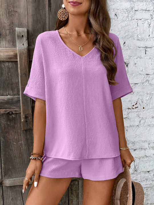 Damen Bequeme V-Ausschnitt Bluse mit Shorts EB