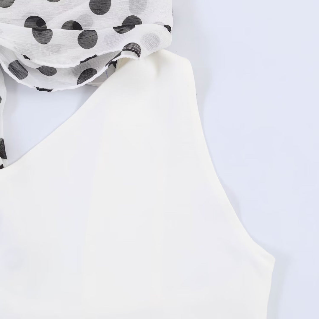 Damen Hängerkleid mit asymmetrischem Ausschnitt und stilvollem Punkteschal EB