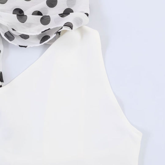 Damen Hängerkleid mit asymmetrischem Ausschnitt und stilvollem Punkteschal EB