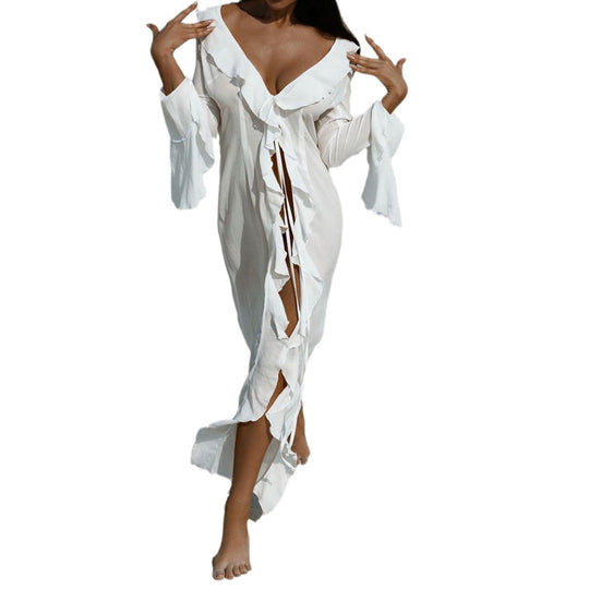 Damen elegantes Strandkleid mit Rüschen und tiefem Schlitz EB