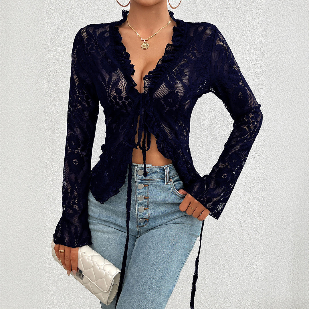 Damen Spitzenbluse mit Rüschendetails und tailliertem Schnitt EB