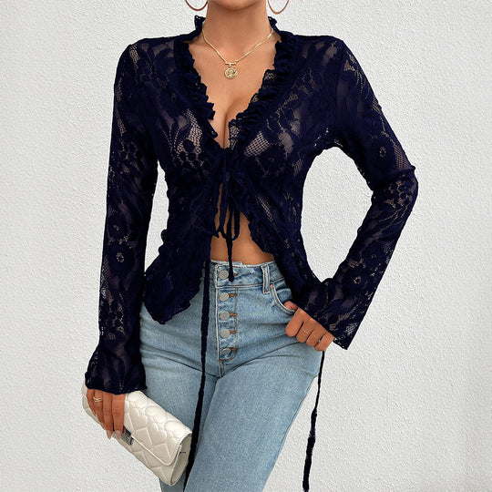 Damen Spitzenbluse mit Rüschendetails und tailliertem Schnitt EB