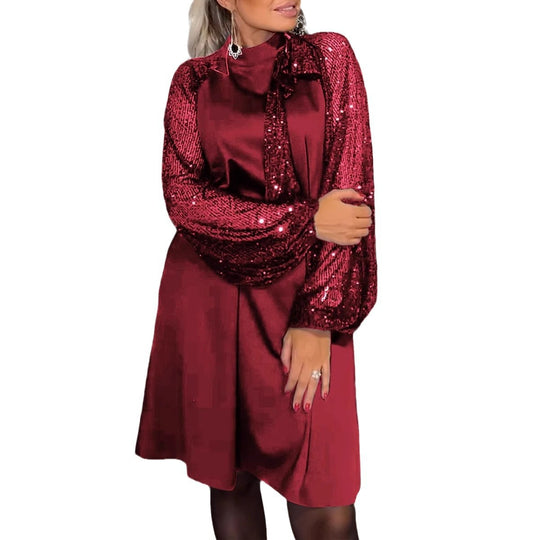 Damen Elegantes Kleid mit glitzernden Ärmeln und festlichem Kragen EB